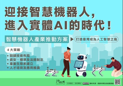 運用4項策略智慧機器人產業推動方案，發展AI新科技 打造臺灣成為人工智慧之島。